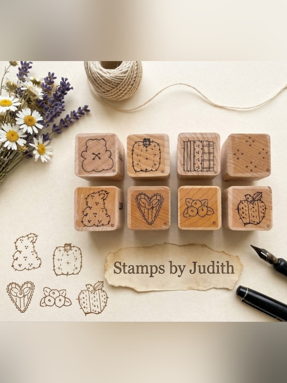 Retired Stamps by Judith Vintage Wood Mount Mini Lot - 8pc Patchwork Primitive